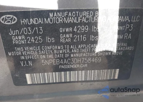 2013 Hyundai Sonata Gls from USA, damaged, VIN 5NPEB4AC3DH758469